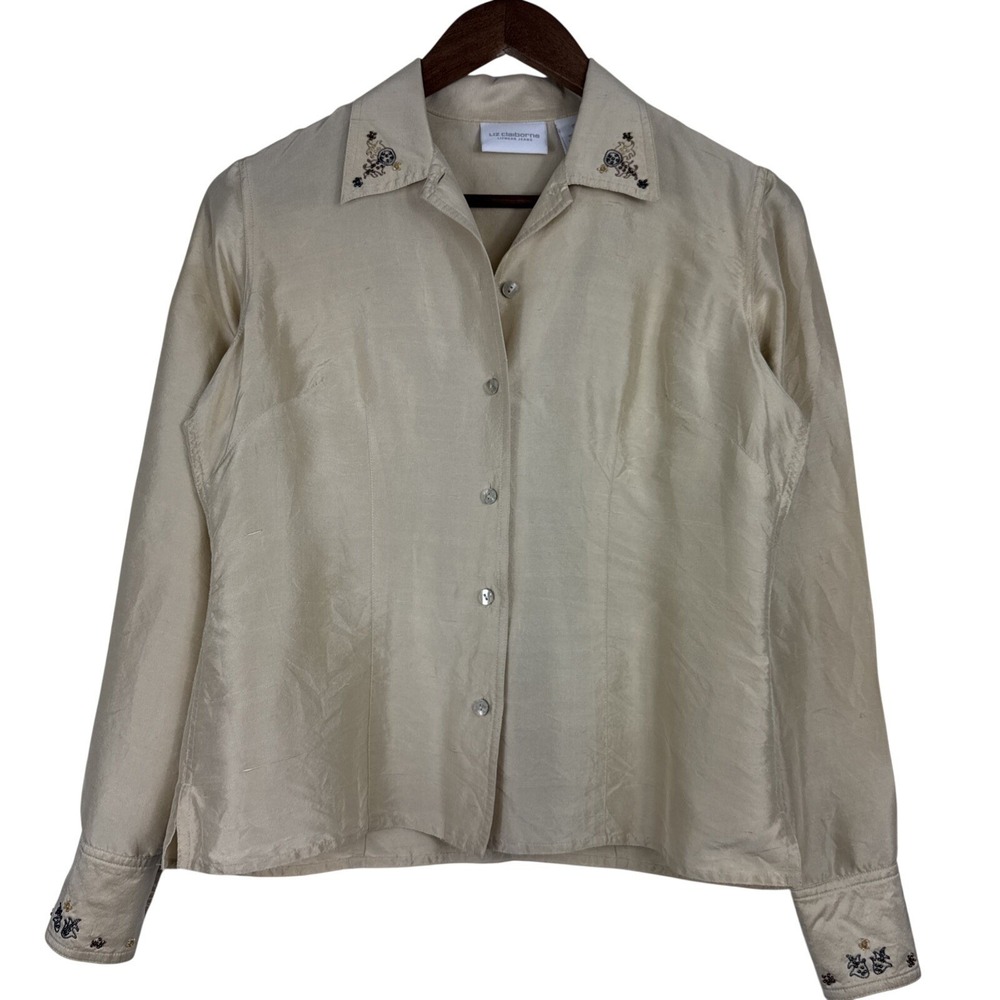 Liz Claiborne 100% Silk Blouse Women Small Beige Buttonup Beaded Western Cottage